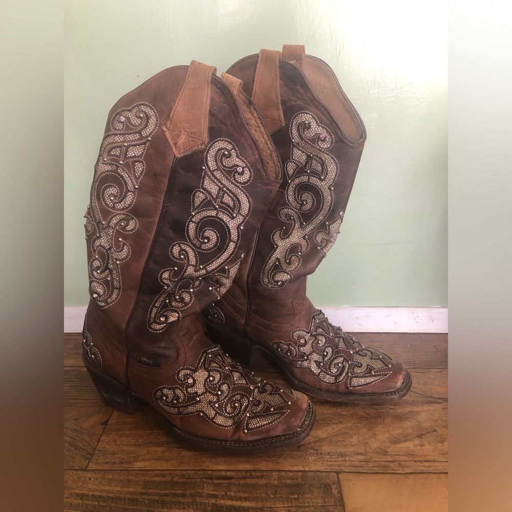 Ariat SERGAL Cowboy Boots 6.5 B Women's Bling Brown Square Toe Cowgirl Rodeo